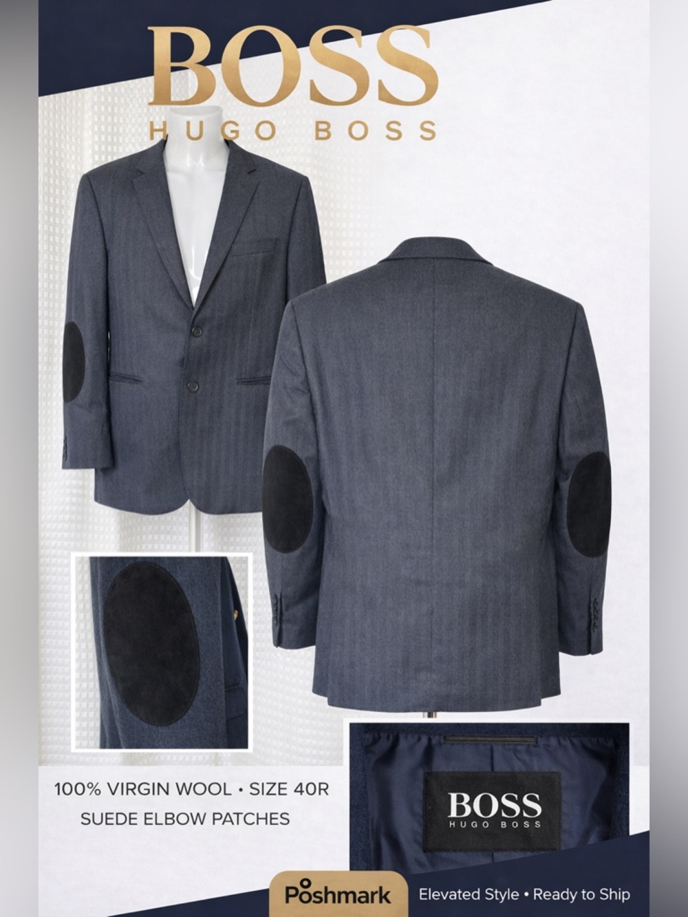 Hugo Boss Navy Wool Blazer Suede Elbow Patches Custom Tailored 40R
